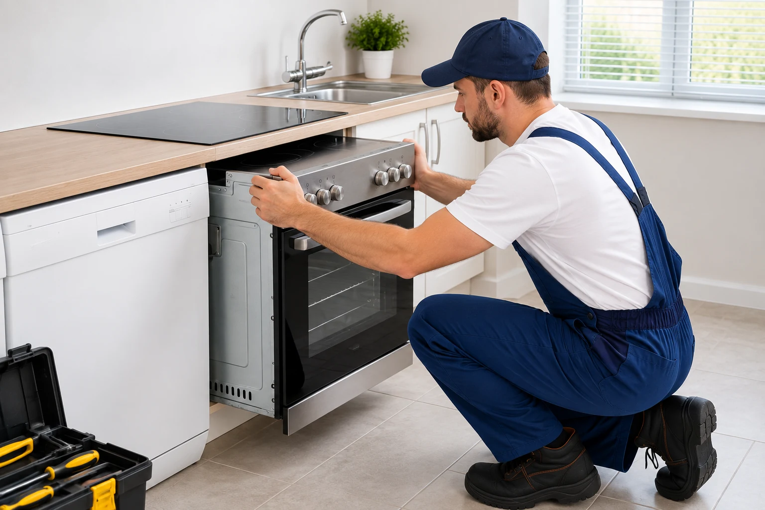 Household appliance being positioned for installation