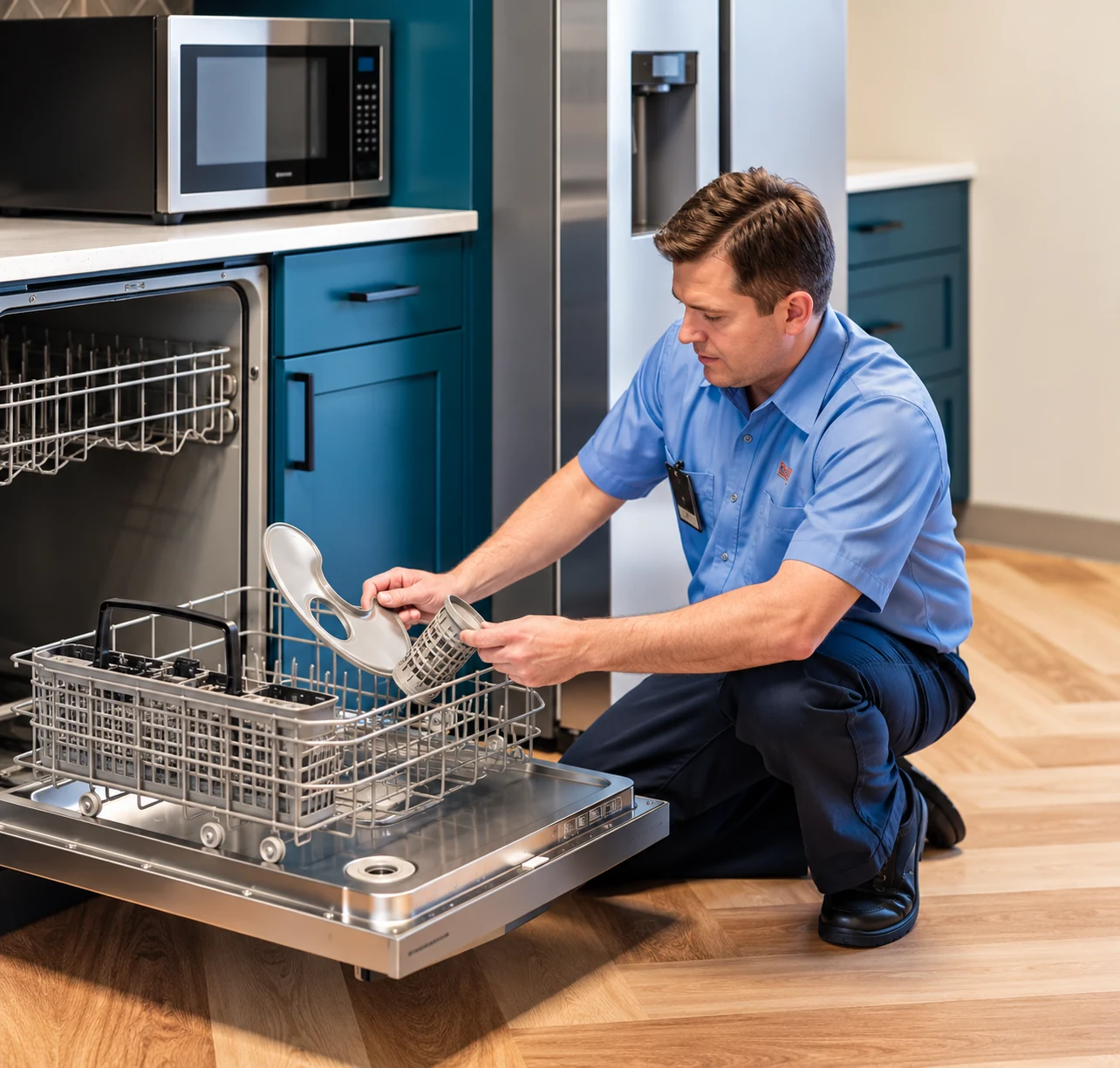 Dishwasher with its door open for service