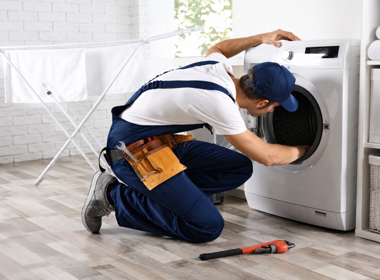 Technician repairing a dryer