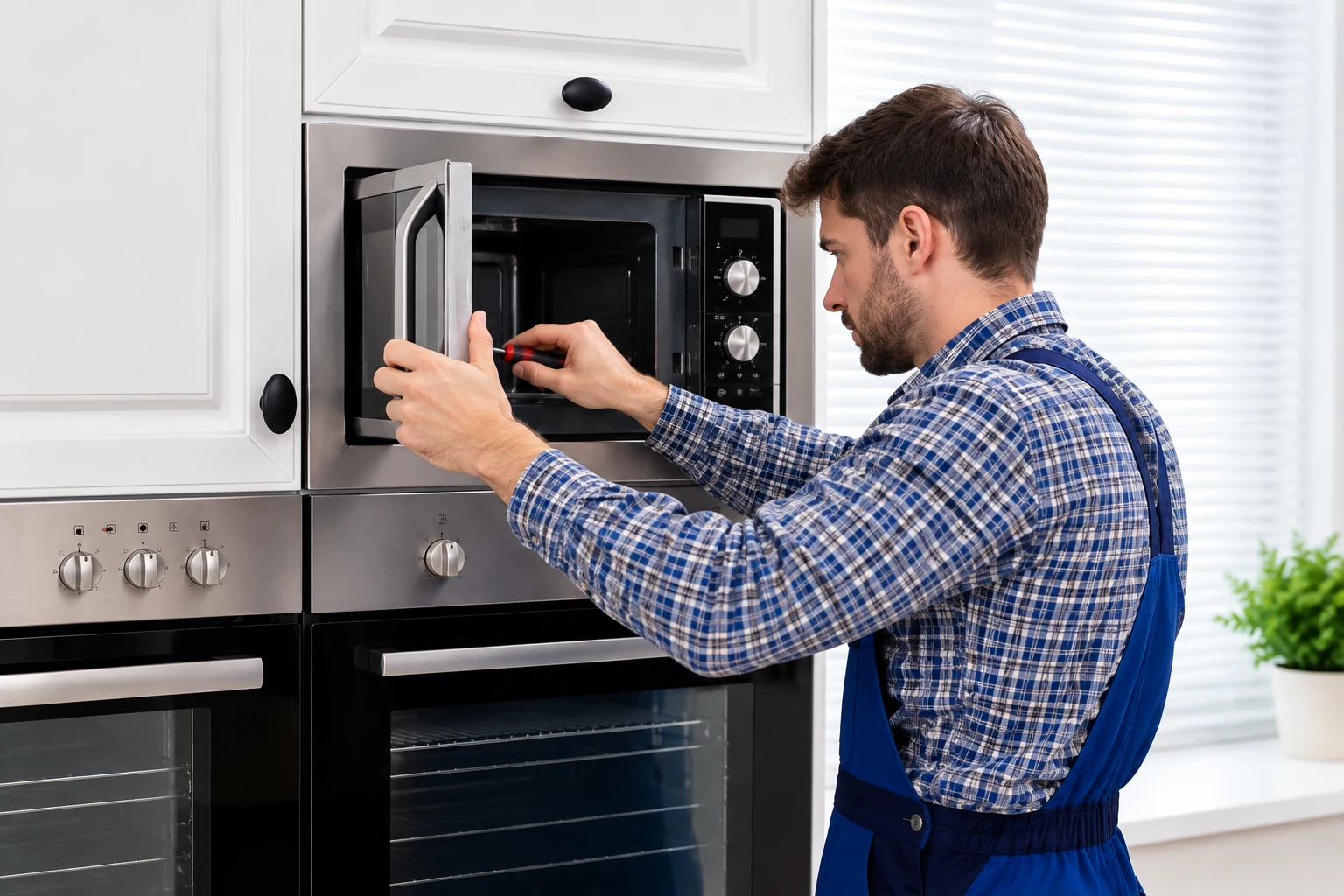Kitchen microwave with its door open