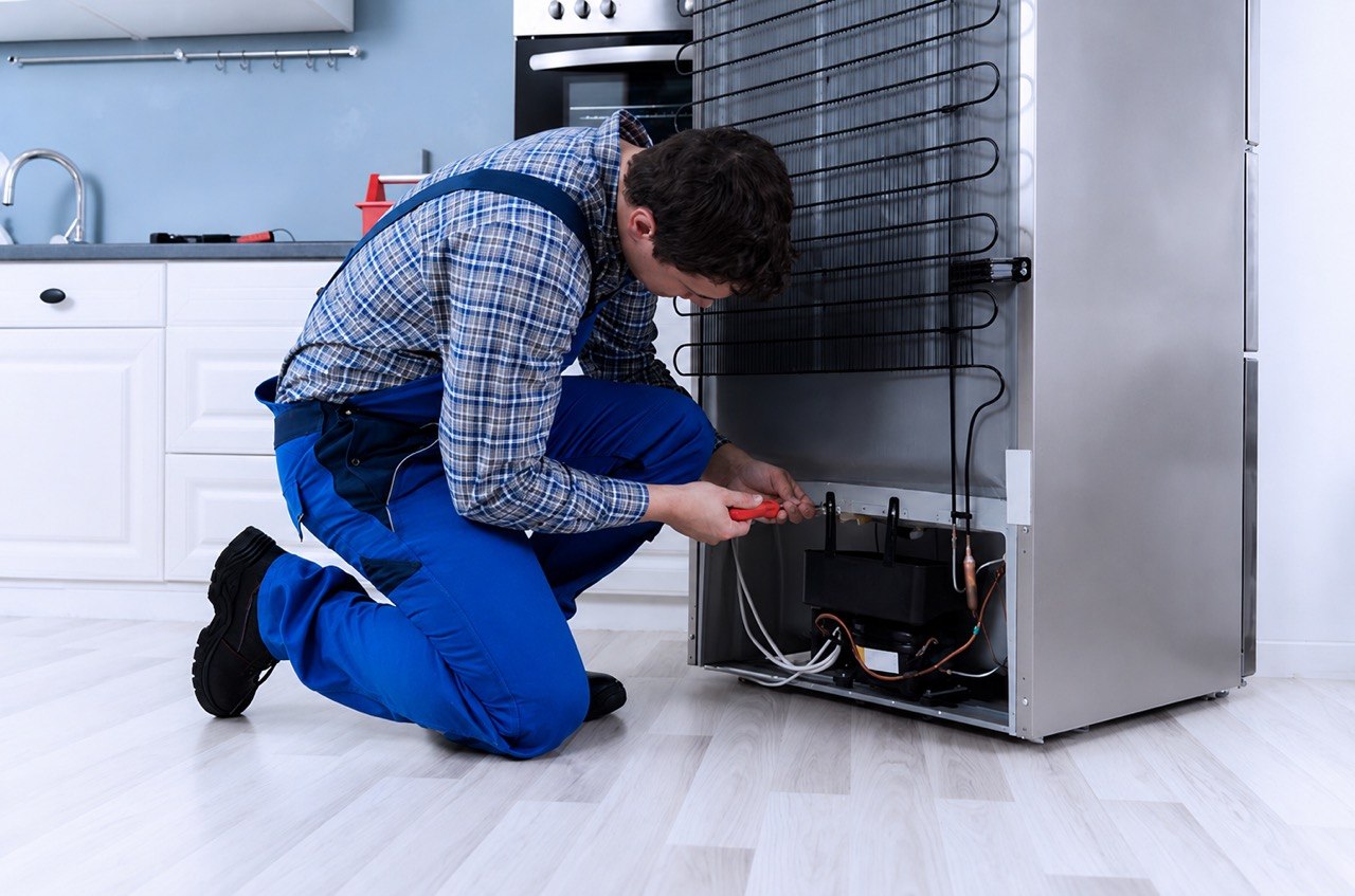 Technician repairing a refrigerator
