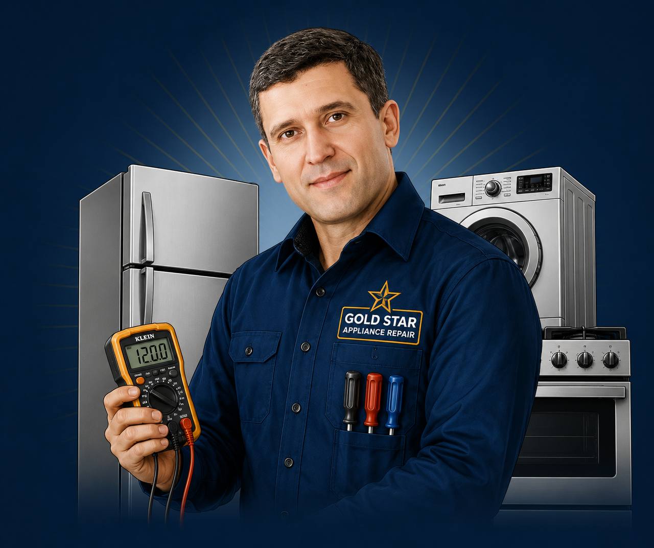 Gold Star Appliance Repair technician with household appliances