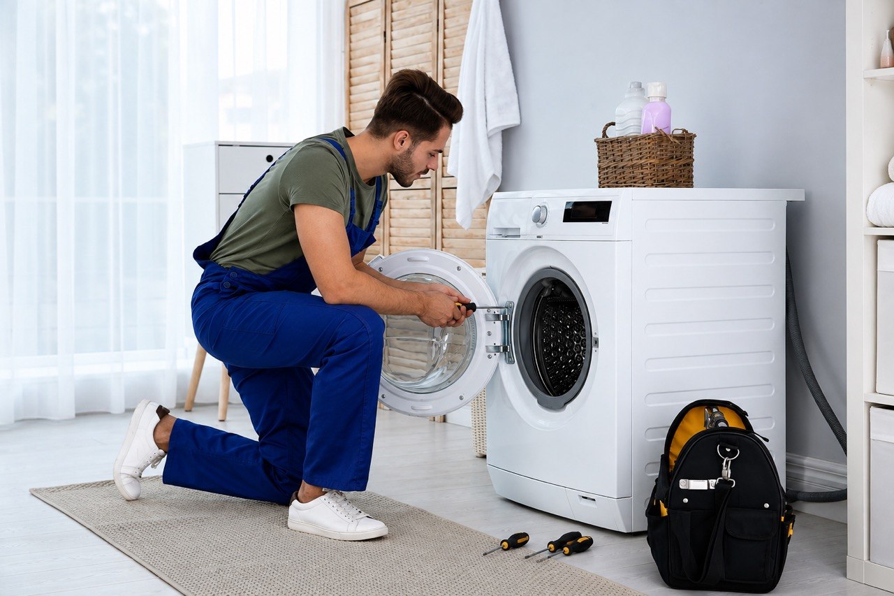Technician repairing a washing machine